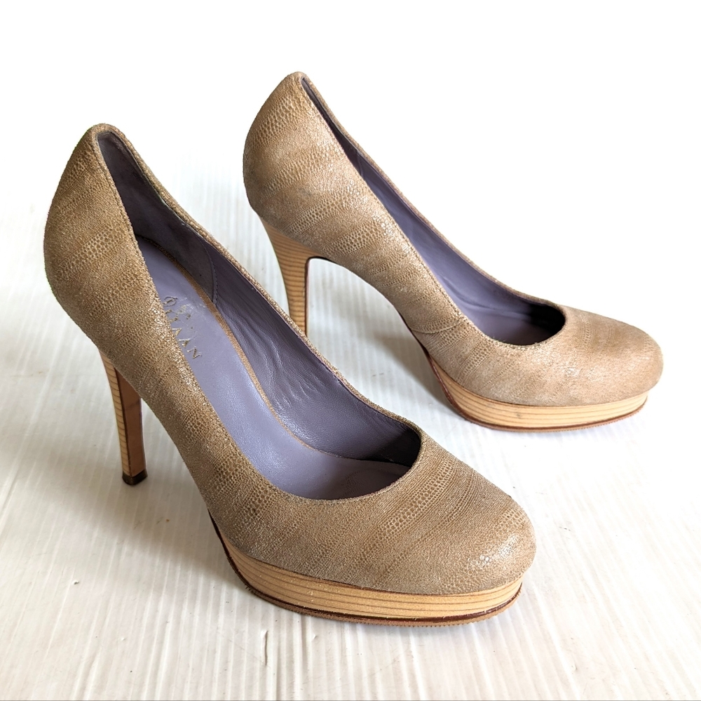 COLE HAAN tan leather pumps with wooden platform heels